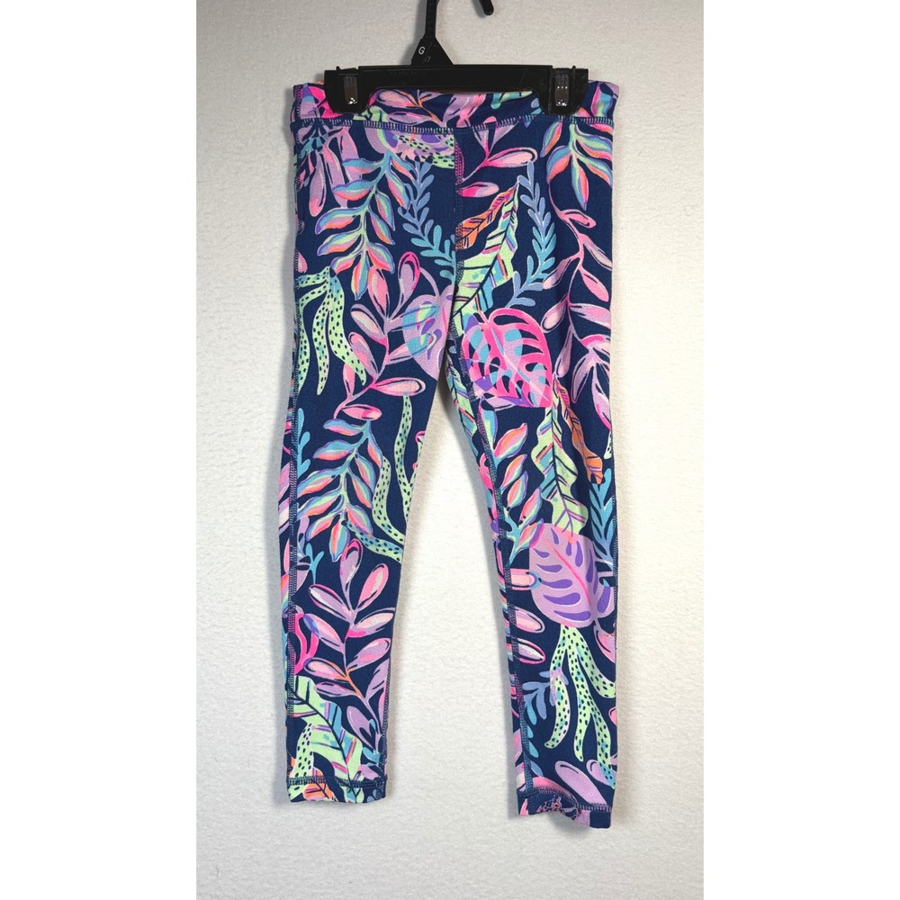 Lilly Pulitzer Luxletic Leggings Girls 4 Navy Blue Excellent Tropical Floral